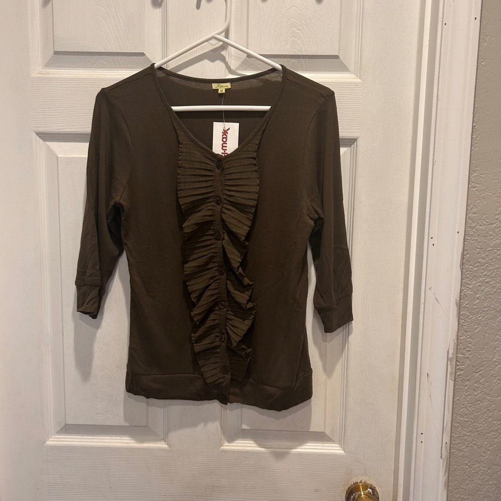 Kieran Olive Green Ruffle Front 3/4 Sleeve Button‎ Up Cardigan Medium NWT